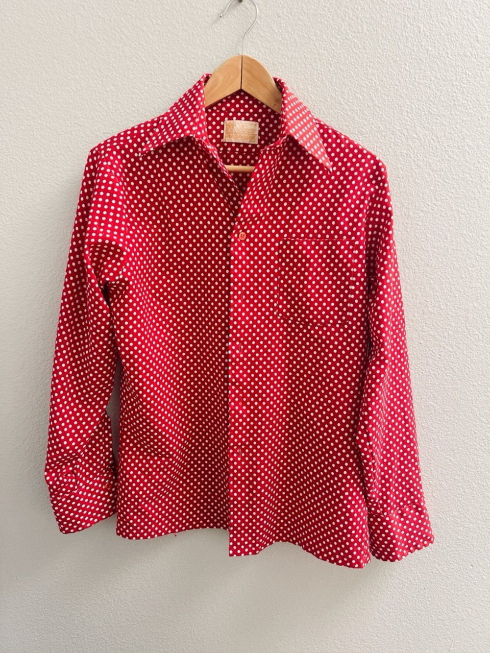 Vintage Men’s Red Polka Dot Long-Sleeve Polyester Shirt